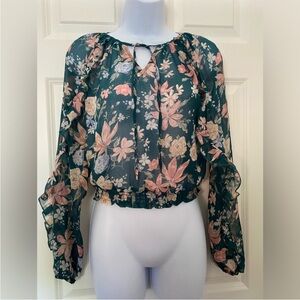 H&M Green Long Sleeve Tie Front Crop Blouse